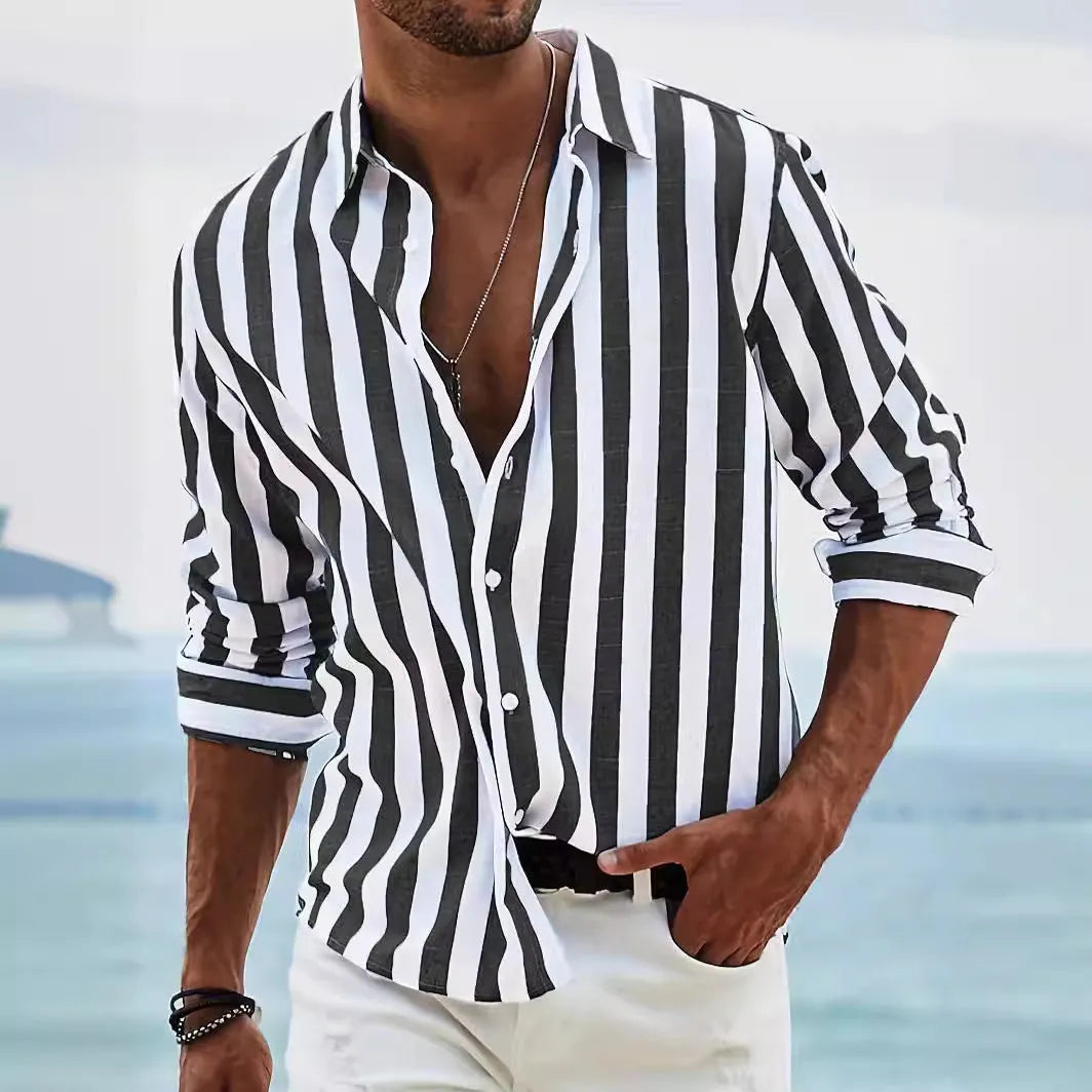Men's loose fit striped long-sleeved cardigan shirt in light grey polyester fabric