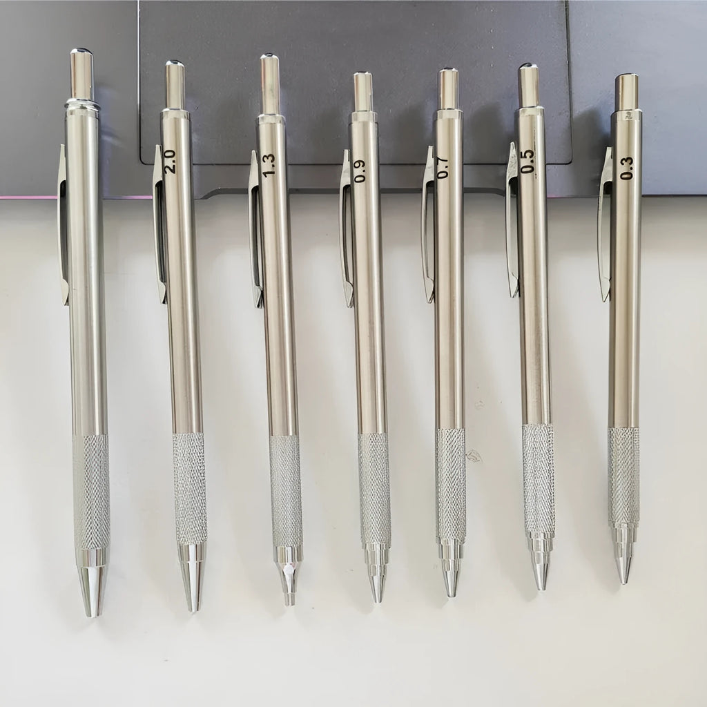Metal automatic mechanical pencil showing multi-size lead compatibility for 0.5mm, 0.7mm, 0.9mm, 1.3mm and 2.0mm diameters