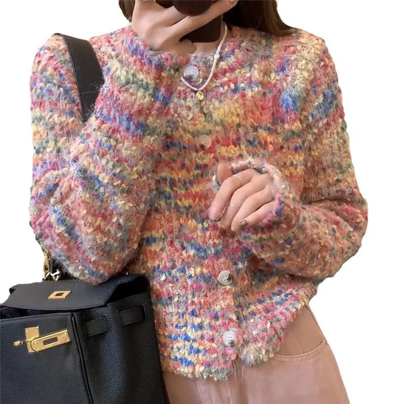 Retro rainbow knitted cardigan in pink toothbrush hair acrylic fabric
