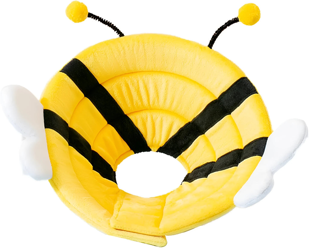Soft cat cone collar with black and yellow bee design and Velcro strap.