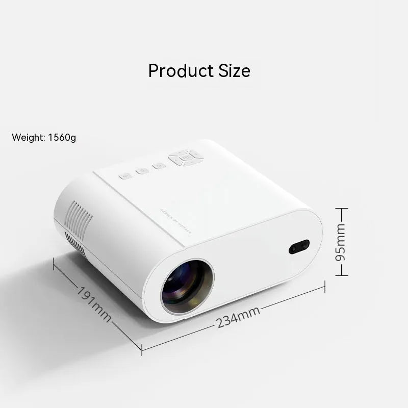 White T07 Full HD 1080p smart projector with remote control on a surface.