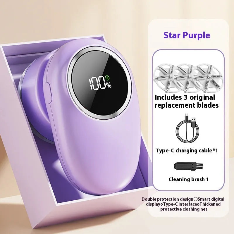 Beige and purple digital display USB rechargeable fur ball trimmer with multiple cutter head options.