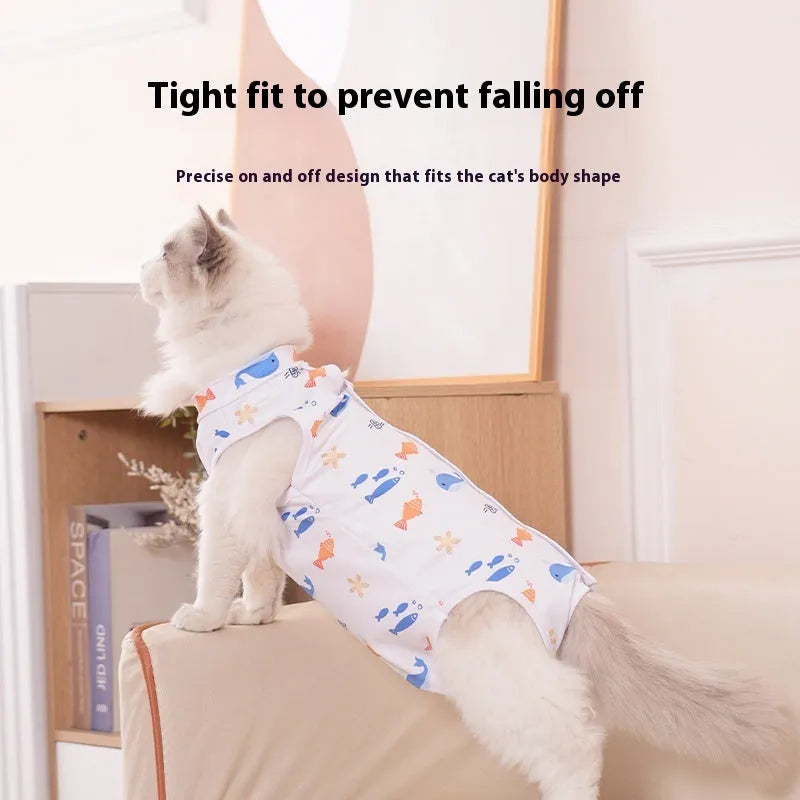 Grey cat wearing a patterned post-operation recovery suit with Velcro fastenings on its back.