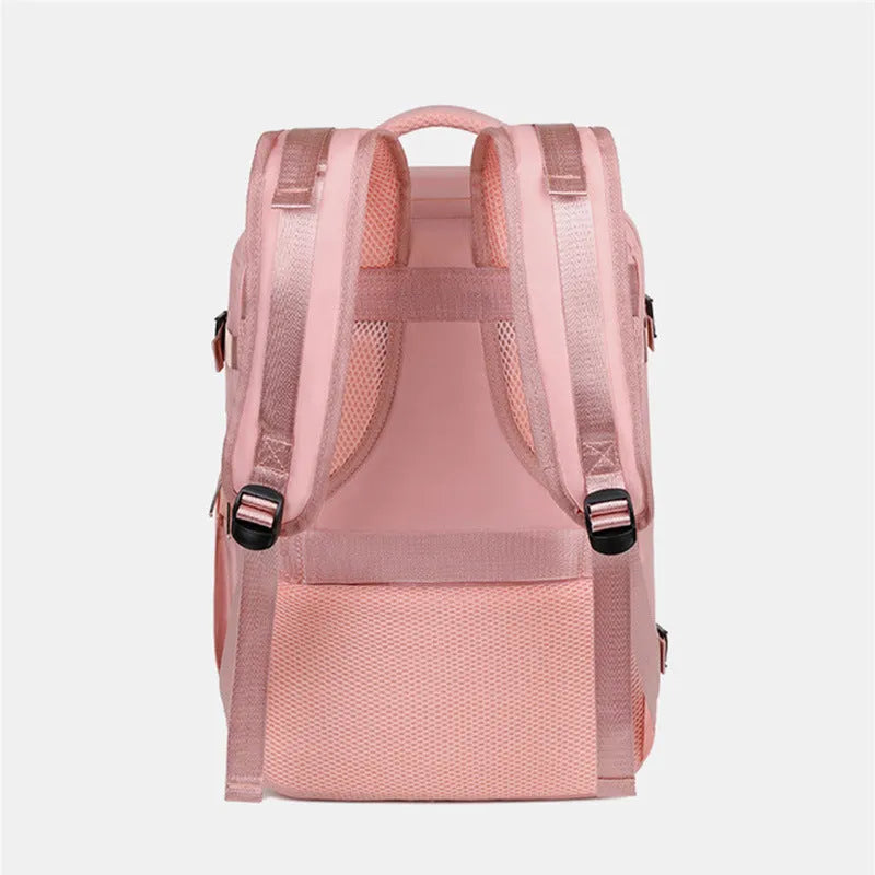 Large purple waterproof travel backpack for women with multiple compartments and an air pillow belt strap.