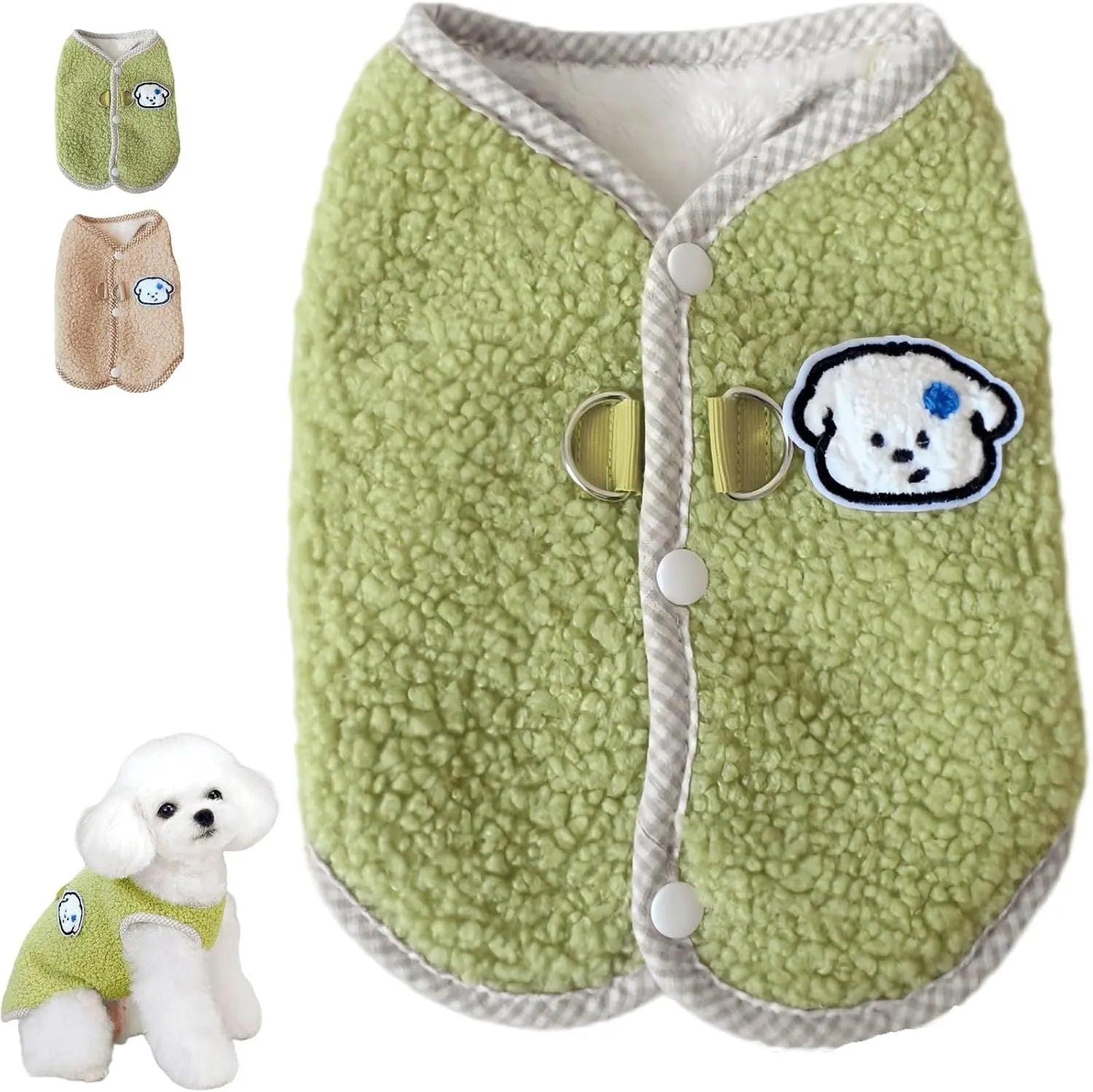 Green coral fleece dog vest with a metal leash ring on the back for a small dog.