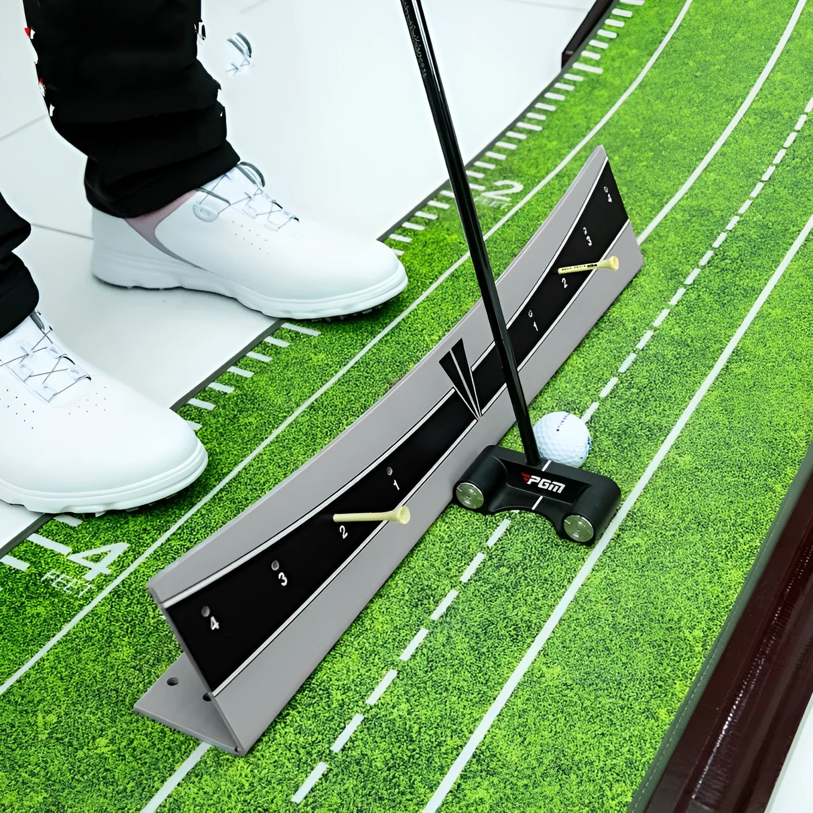 Adjustable golf putter trajectory balance simulator with PVC construction.