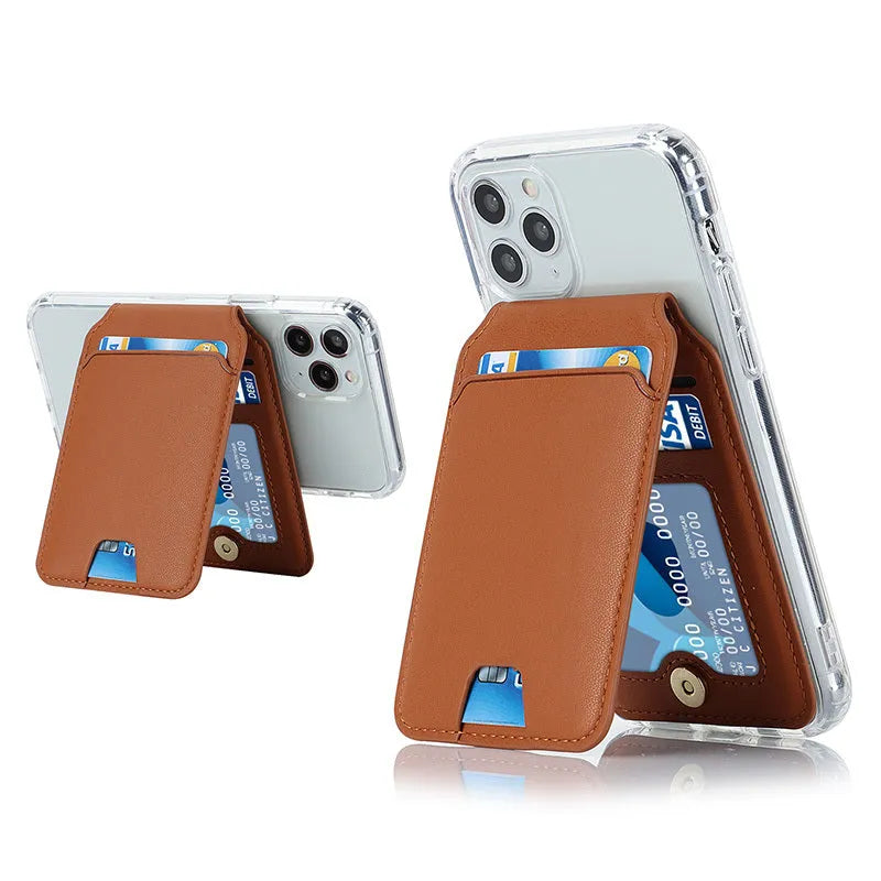 Magnetic card holder phone case for iPhone 14 Pro Max in black with a card inserted in the holder on the back