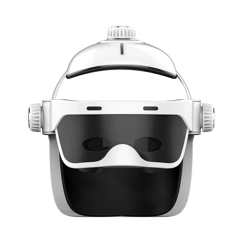 Electric eye massager in white and black with adjustable headband and LCD remote