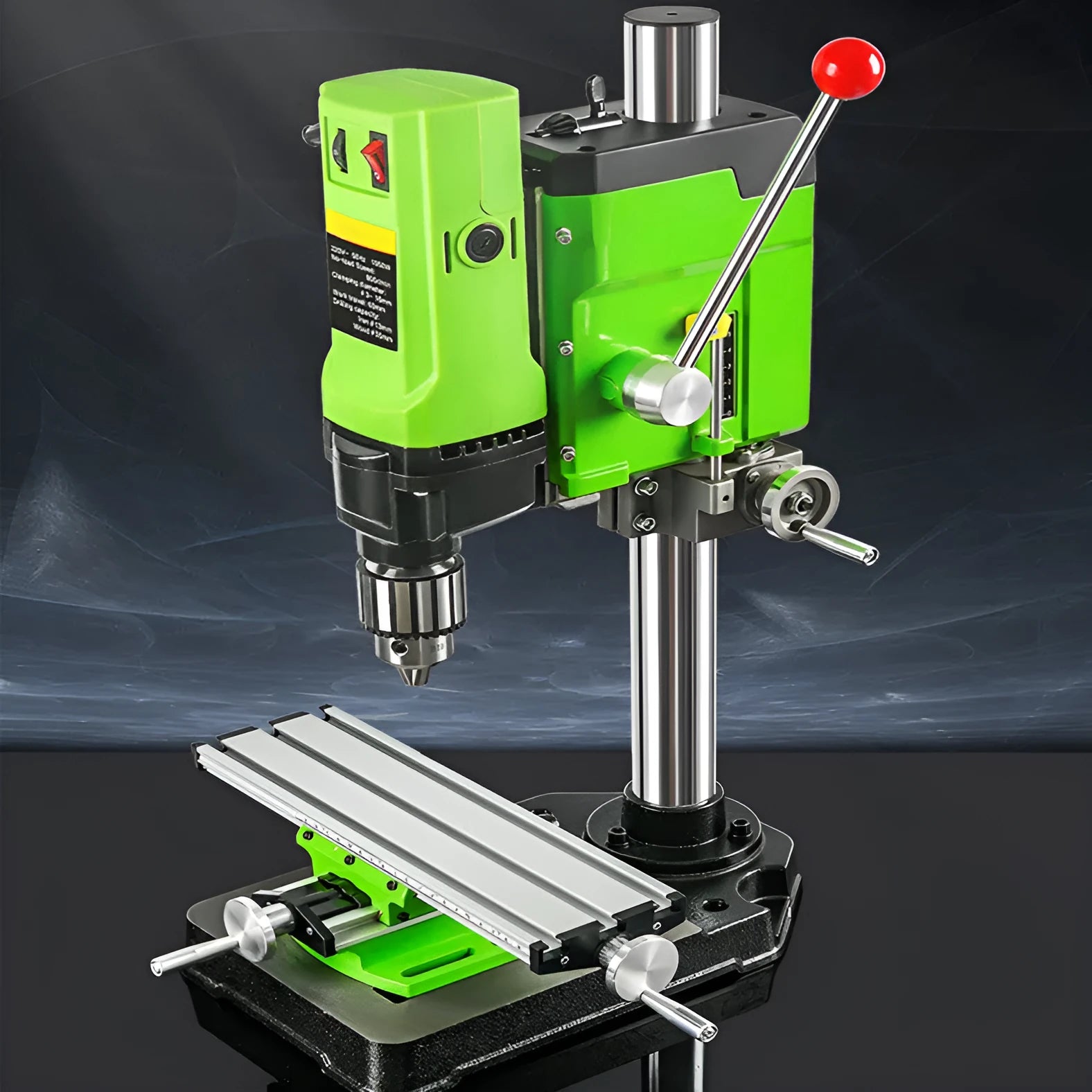Bench drill milling machine on a workbench with cross bench pliers.
