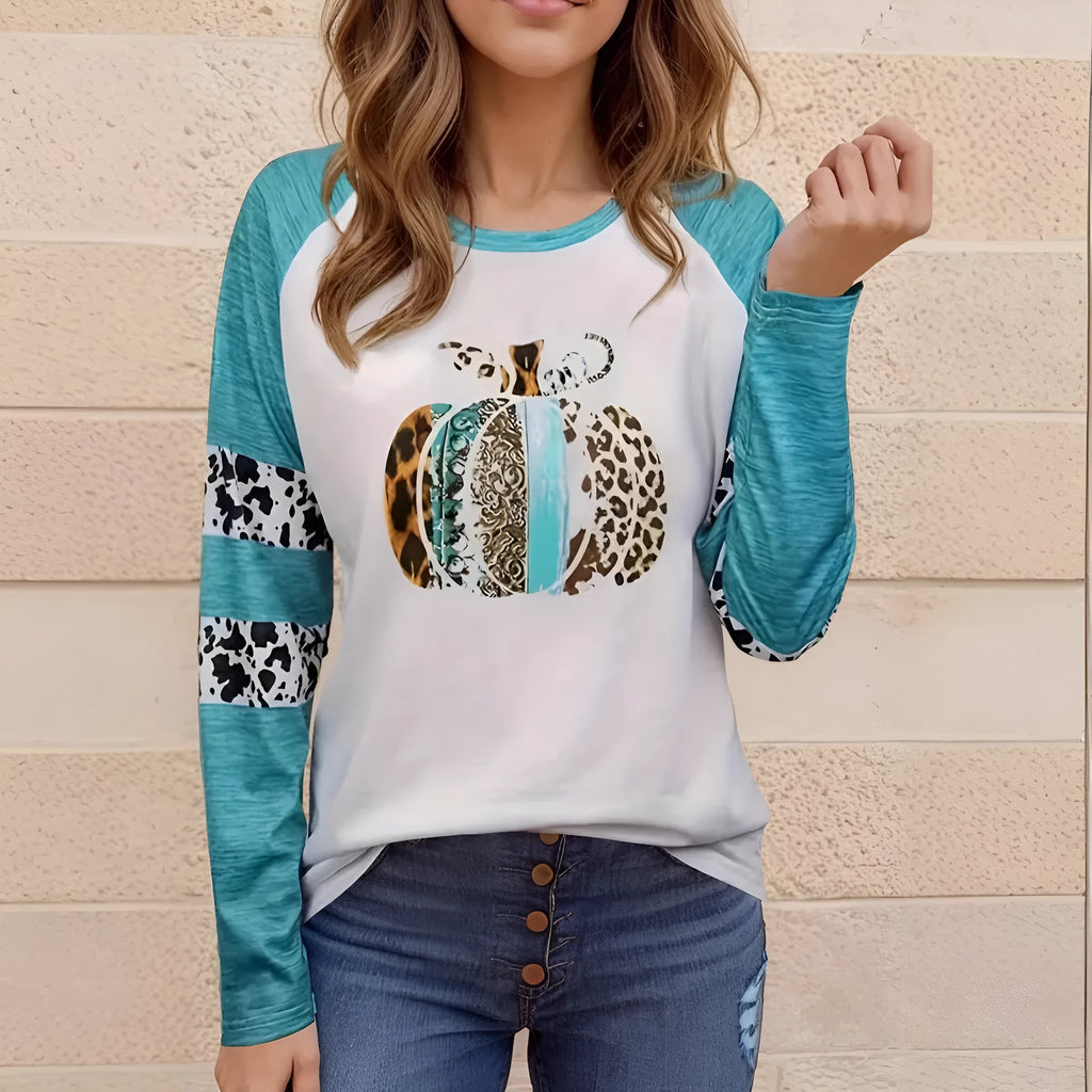 Sky blue Halloween T-shirt with 3D digital printed pumpkin design, long sleeves and polyester fabric
