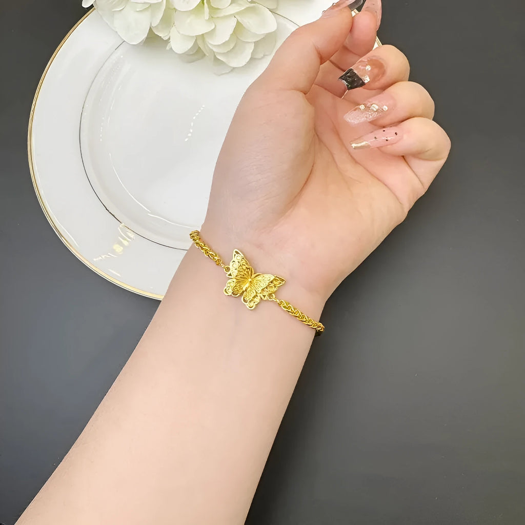 Gold-plated copper hollow butterfly bracelet with electroplated finish, retro style, gold colour