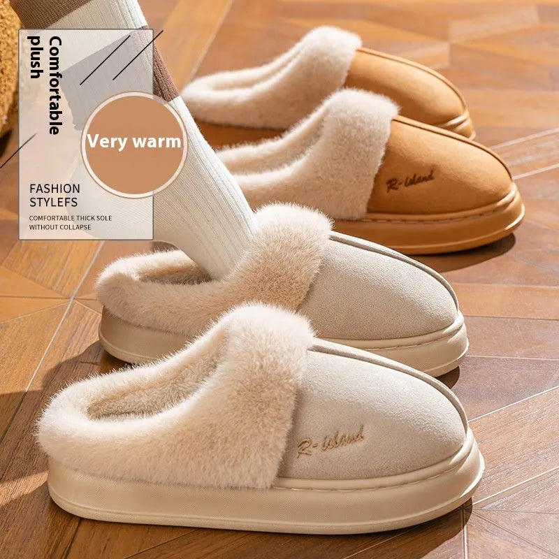 Fluffy couple slippers in pink and khaki with non-slip PVC sole and cloth upper for indoor home use