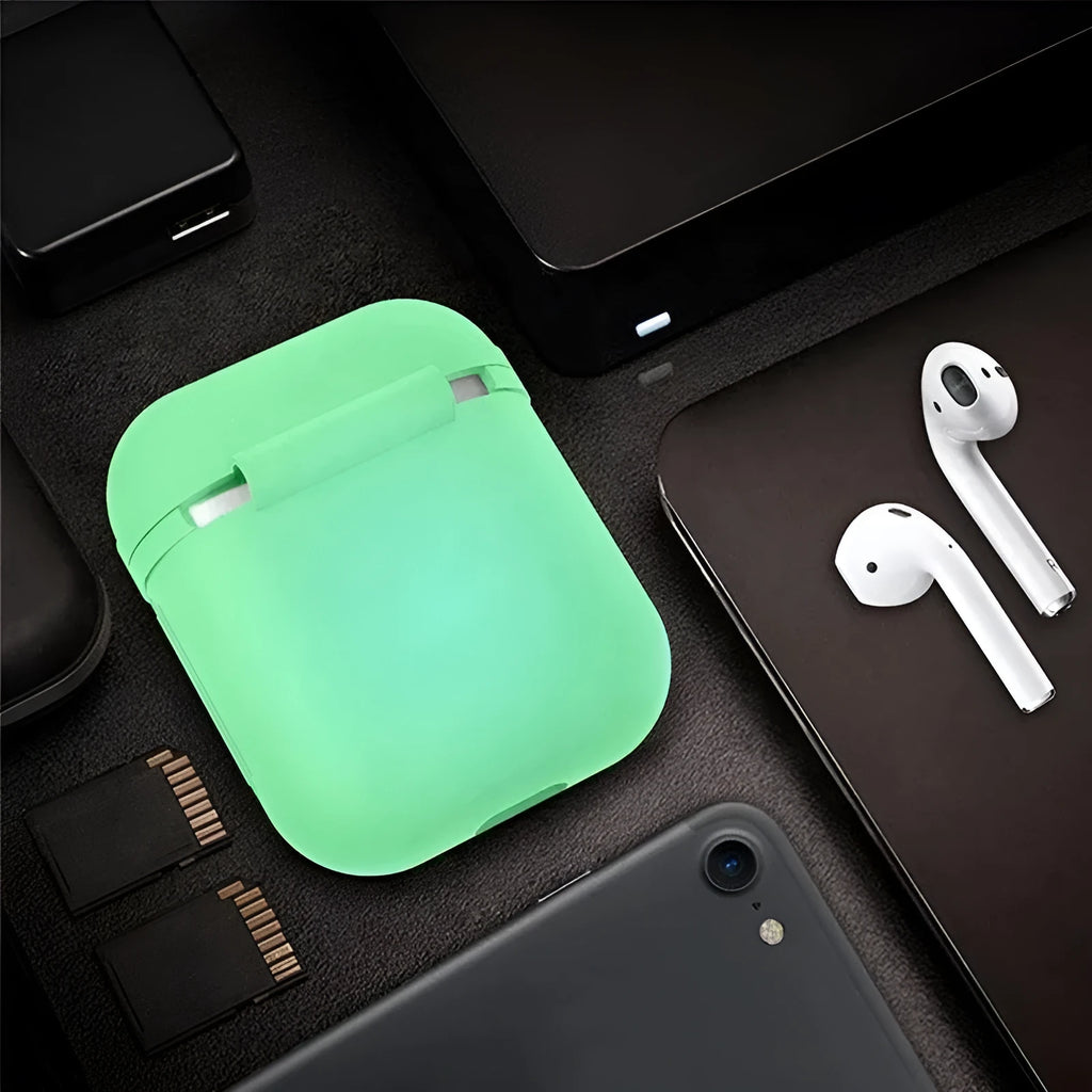 Luminous silicone flip case for Apple AirPods wireless earphones showing open and closed positions.