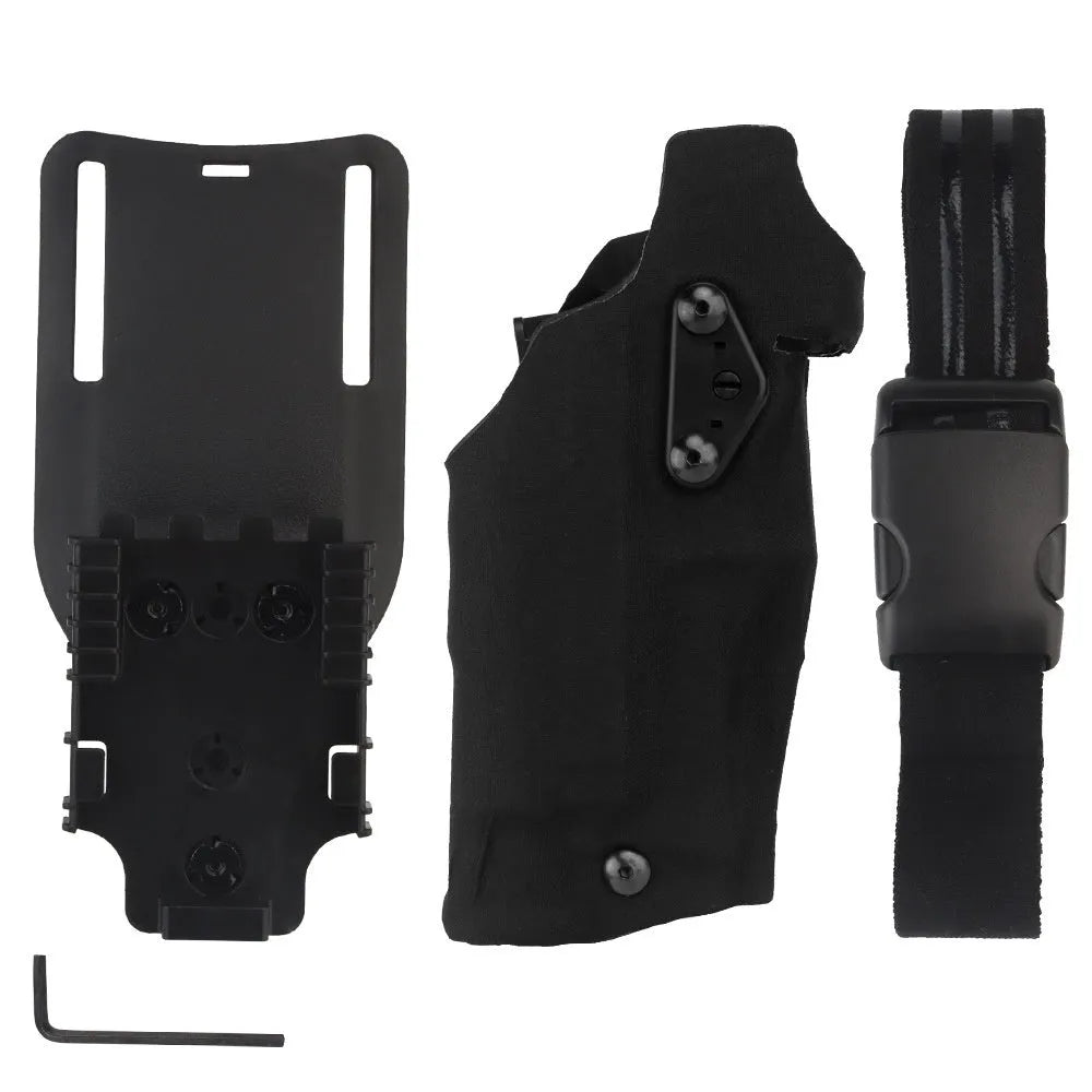 Left hand camouflage waist bag with leg warmer, black CP GB-87, against outdoor foliage background