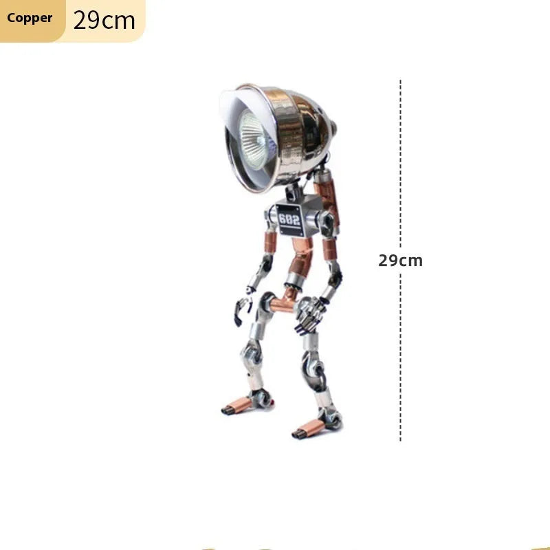 Silver and copper robot-shaped decorative desk lamp in 22cm and 29cm sizes.