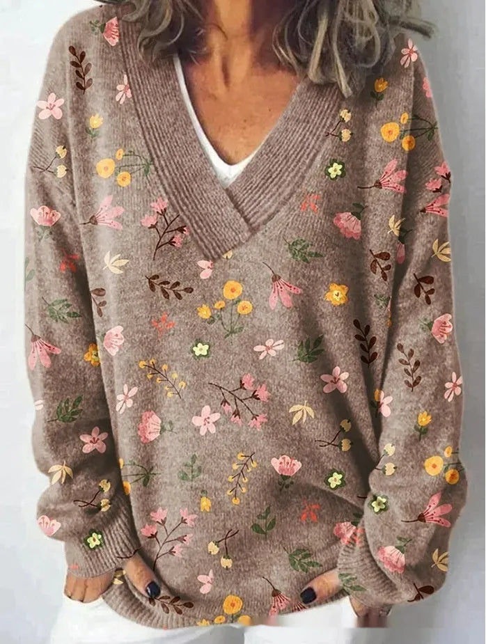 Women's grey 3D floral print sweatshirt with V-neck and long sleeves on a hanger