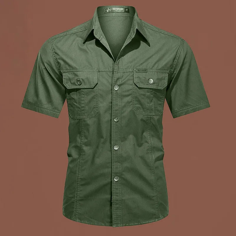 Men's short sleeve cotton work shirt in loose fit cardigan style with non-ironing treatment