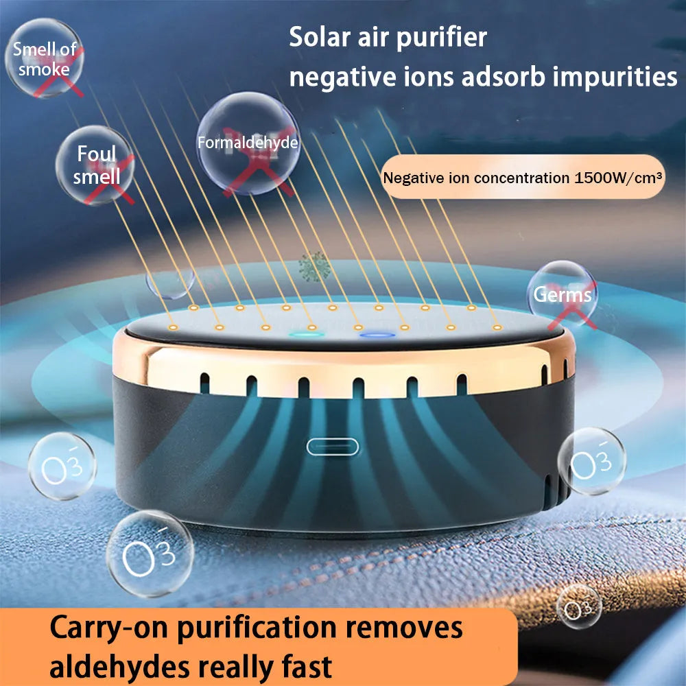 Black solar-powered car air humidifier mounted on vehicle air conditioning outlet