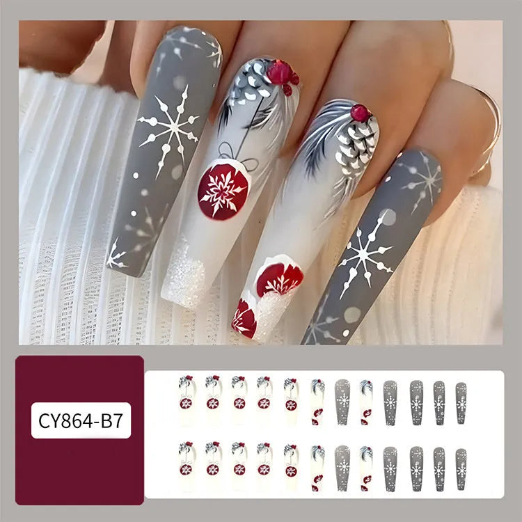24pcs Christmas false nails with hat striped snowflake nail art stickers, eight colour options, full set