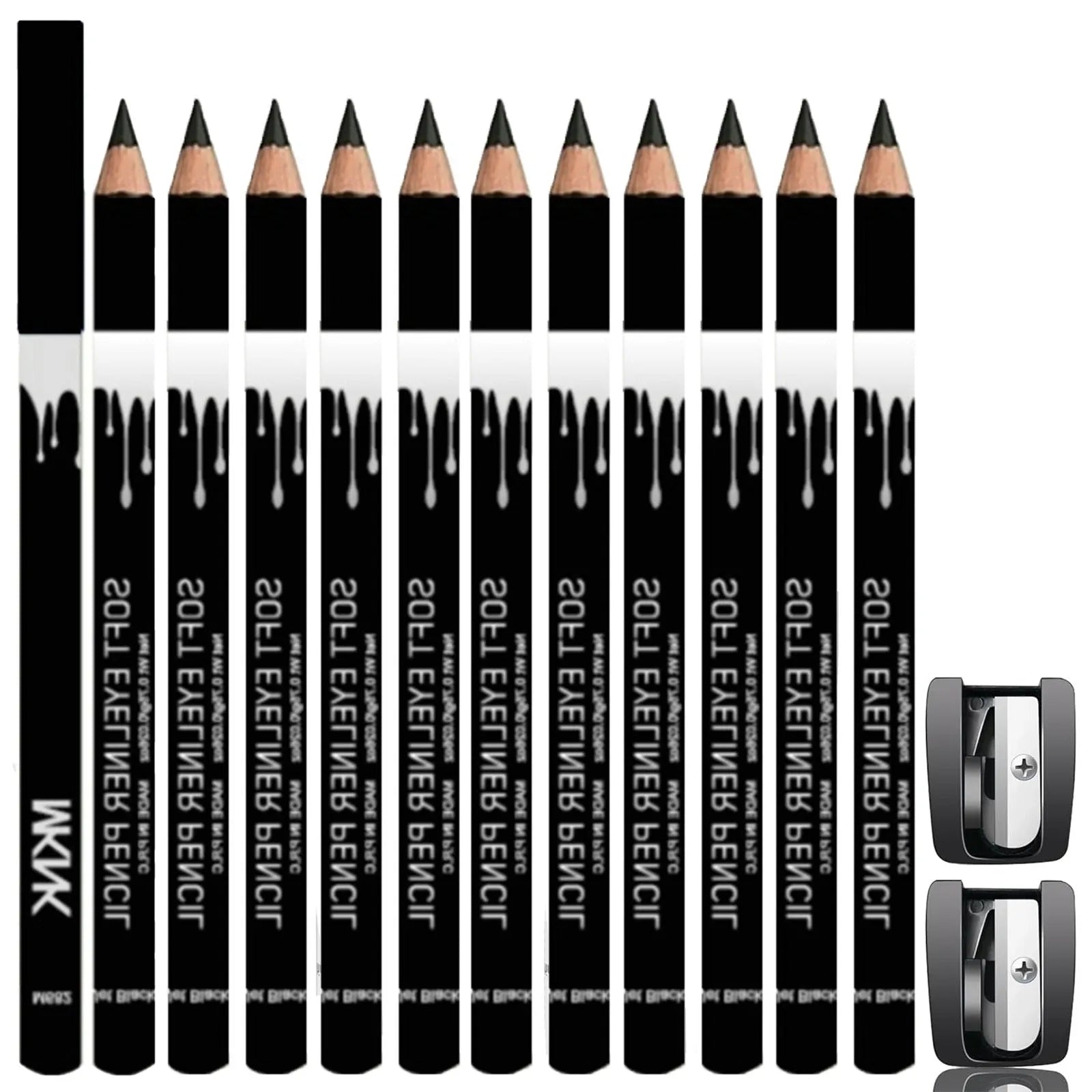 12 white and black waterproof eyeliner pencils with a sharpener arranged on a white background.