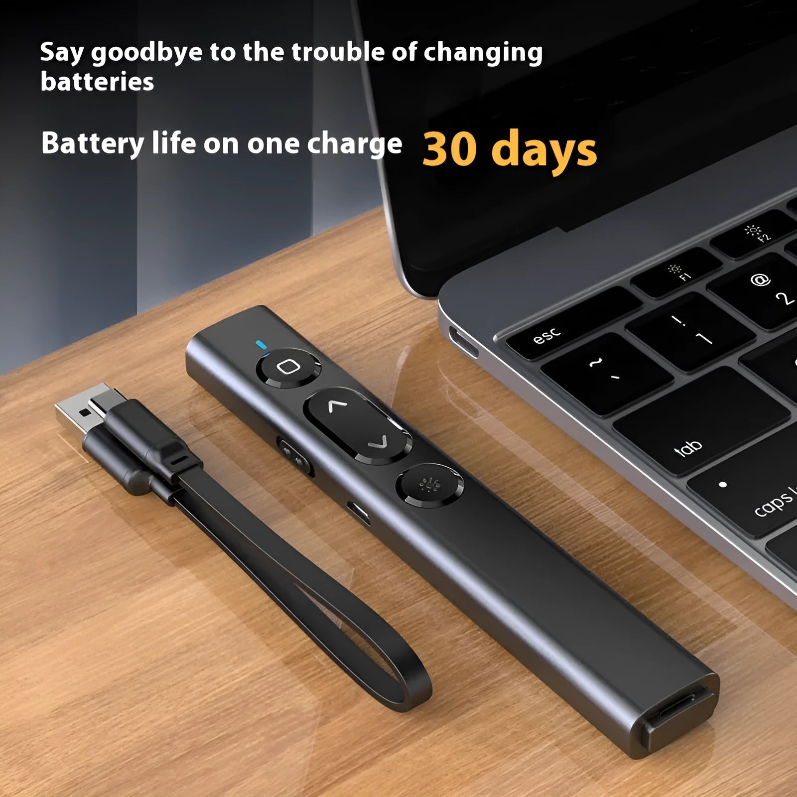 Black wireless presentation remote control pen with laser pointer and USB receiver on a white background.