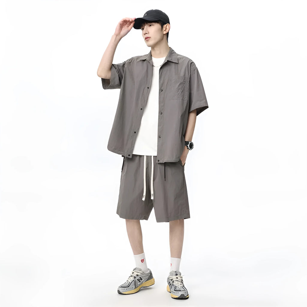 Men's loose casual shirt and shorts two-piece set in khaki, with nylon fabric, front view
