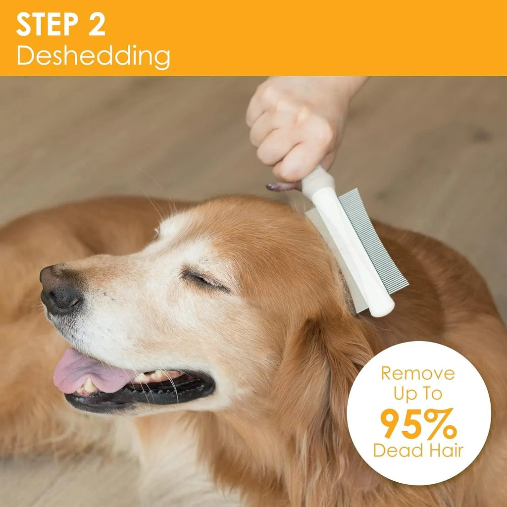White 2 in 1 pet grooming brush with curved comb and deshedding sides