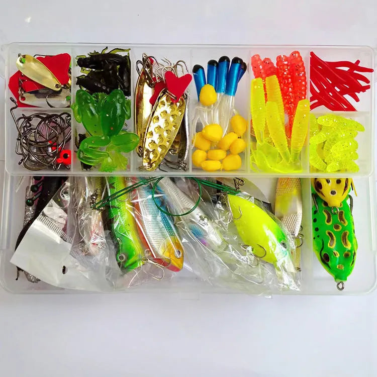 142-piece fishing lure kit showing hard minnow lures with sequins and fishing pliers
