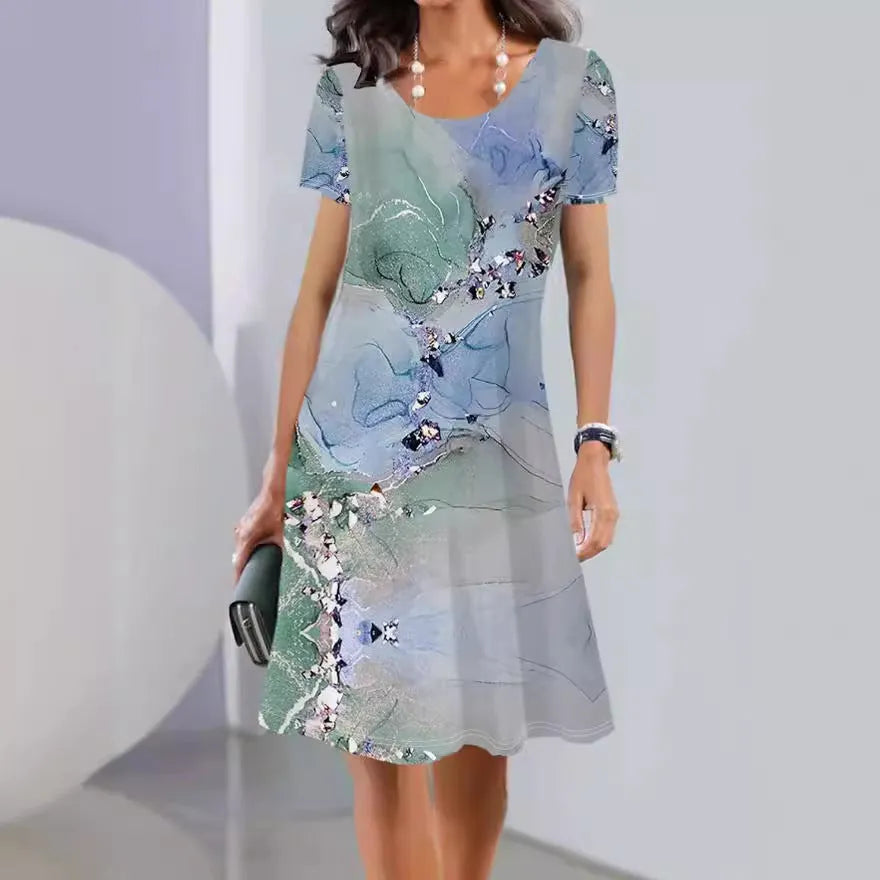 Women's mid-length dress with botanical floral print in ice silk fabric, A-line silhouette with short sleeves