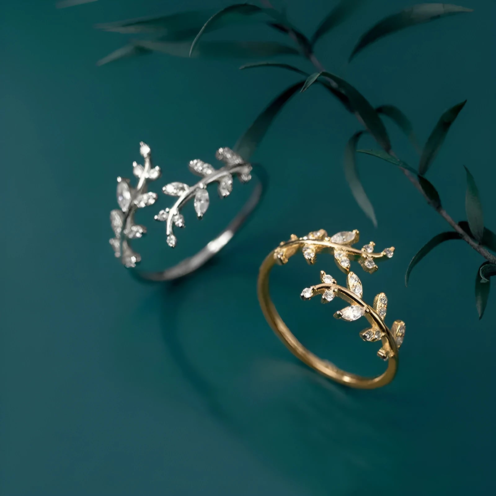 Women's copper branch ring with geometric leaf design in electroplated gold or silver finish