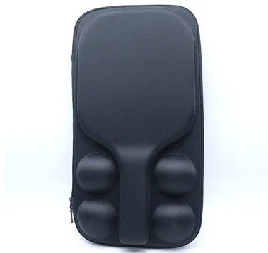 Black EVA pickleball racket carrying case with shoulder straps, showing size and storage for one racket and four balls.