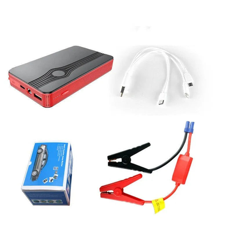 Red K4-E automobile emergency starting power supply unit with data cable for vehicle jump-starting and device charging