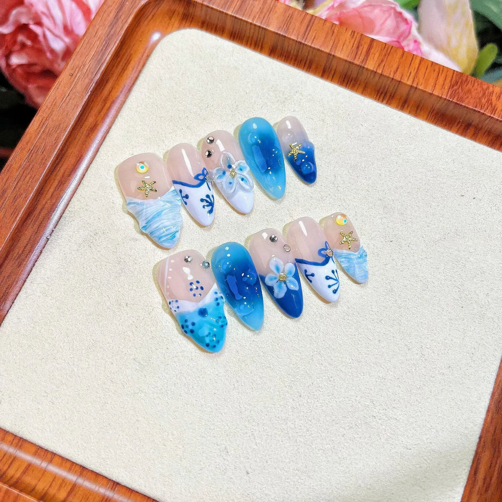 Blue hand-painted carved summer ice transparent fake nails plastic set sizes XS S M L