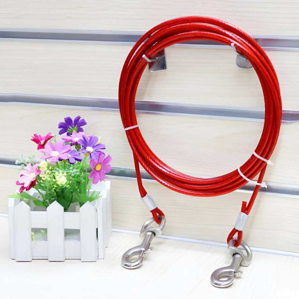 Hand holding rope iron chain double-headed dog leash for two dogs, steel wire, blue colour, 5mm size