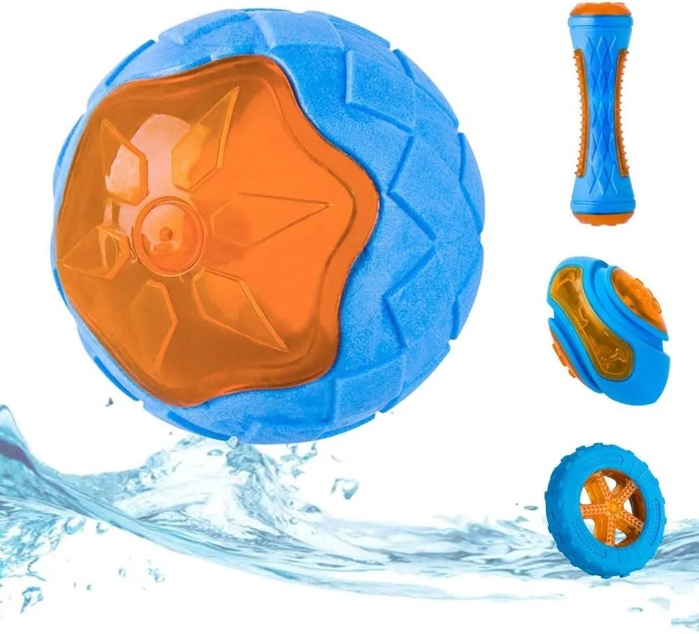 Set of three floating dog toys: blue ball, red barbell, and orange tyre with squeakers