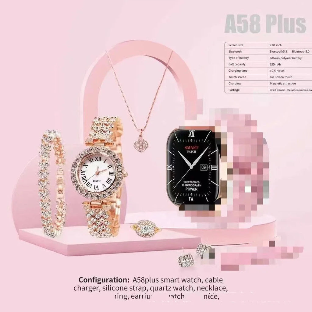 A58plus smart watch on wrist showing touch screen, with Bluetooth calling and multiple colour options.