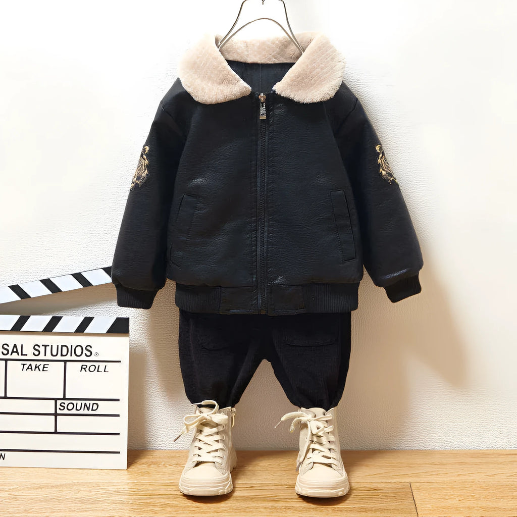 Fashion children's long-sleeved plus velvet PU leather jacket for boys, black, lapel collar, zipper closure