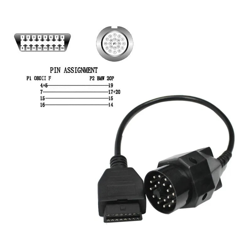 BMW diagnostic adapter cable with 20-pin and 16-pin OBD2 connectors for vehicle scanner compatibility