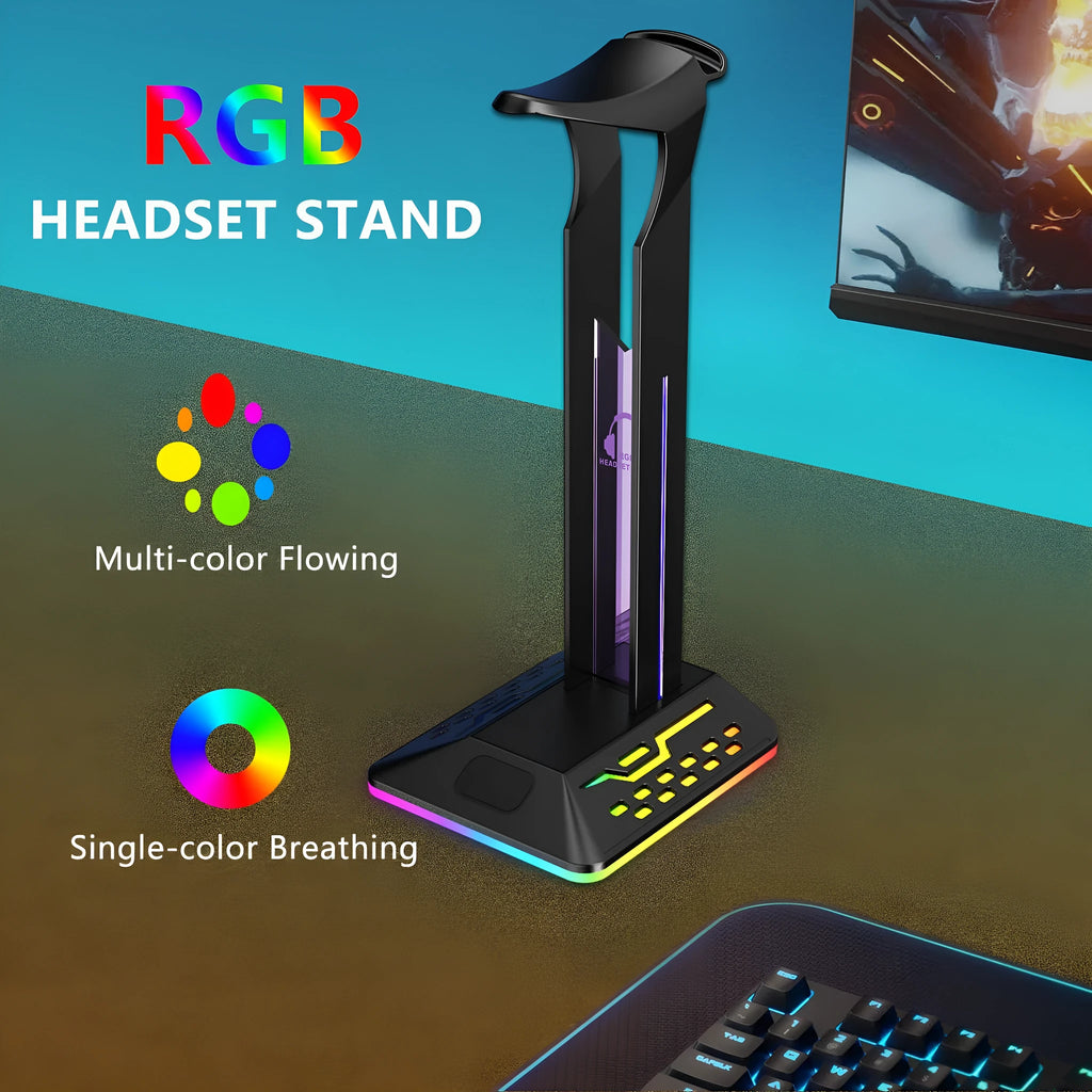 RGB colour changing headset display bracket with dual USB ports and adjustable headphone support arms