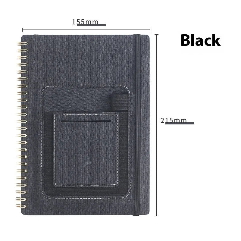 Erasable coil notebook with customisable cover options on waterproof rock stone paper, shown with pen.