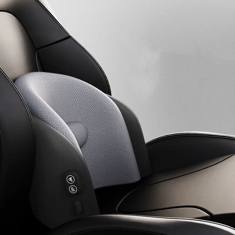 Classic black memory cotton car massage cushion shown as a headrest and lumbar support on a car seat.