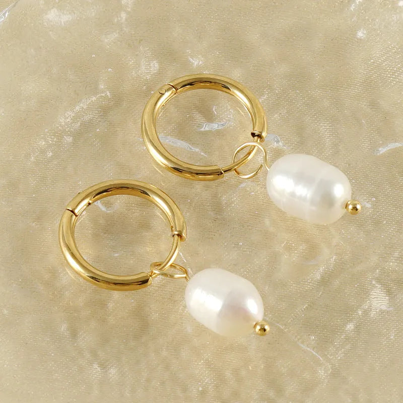 Gold stainless steel geometric earrings with freshwater pearl and titanium posts