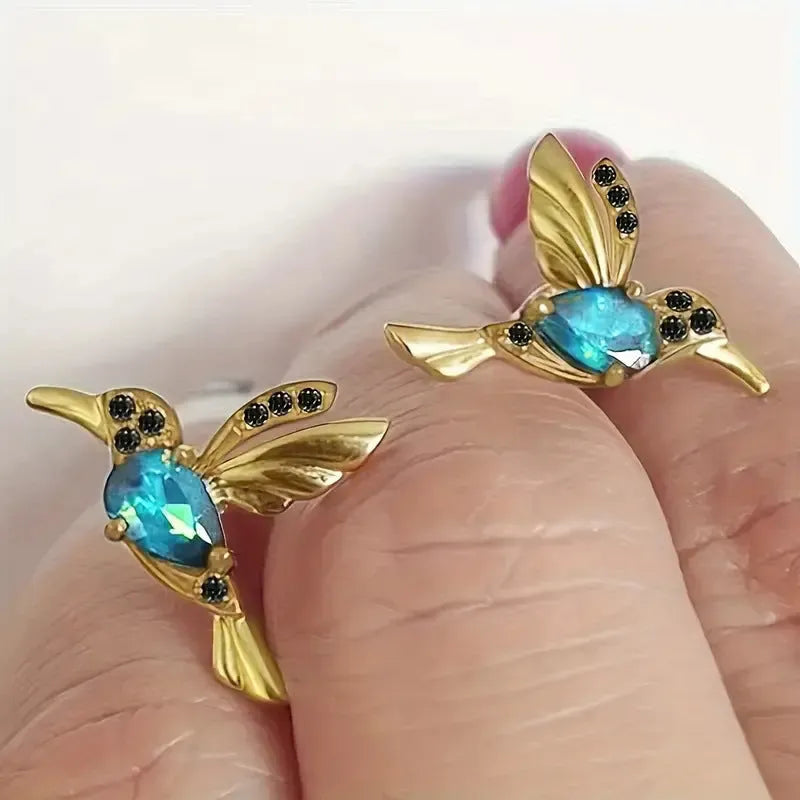 Long drop bird design alloy earrings with mixed zirconium wings in red, blue, or red lvzuan.
