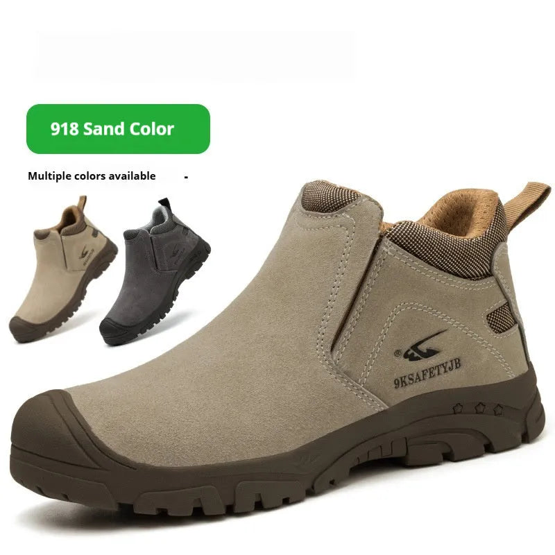 Lightweight welder safety shoes with steel toe cap in sand colour and grey, showing lace-up front and rubber sole.