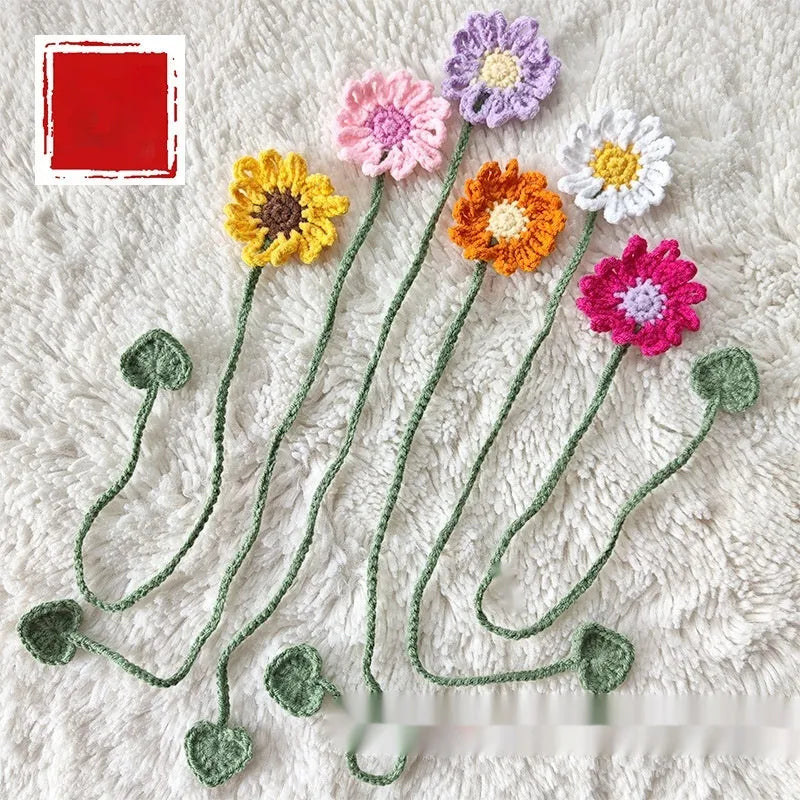 Hand-crocheted daisy design wool bookmark with flexible wire core in various colour options