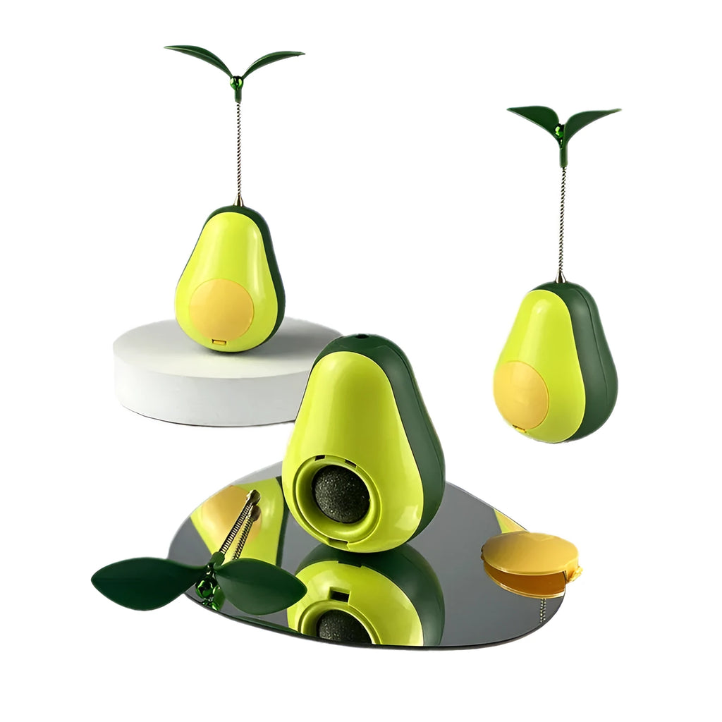 Green avocado-shaped silicone food leakage cat toy tumbler on a surface, 80x80x107mm