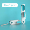 Blue portable dog water bottle with attached foldable silicone drinking bowl for outdoor use.