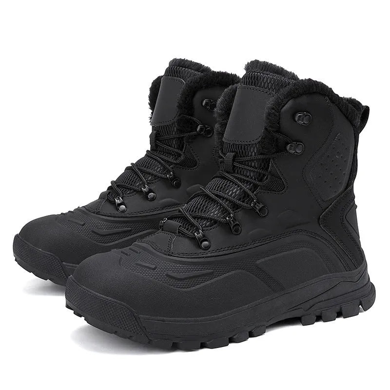 Men's black fleece-lined high-top boots with flat heel and lace-up front.