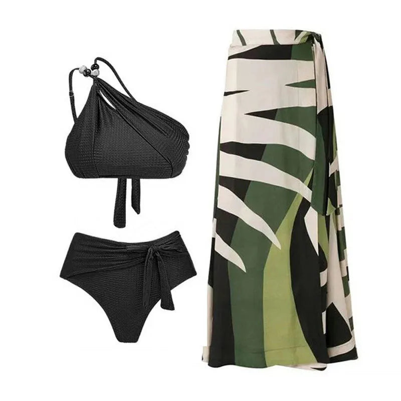 Women's high waist push up bikini swimsuit with chiffon dress in black, brown, or green.