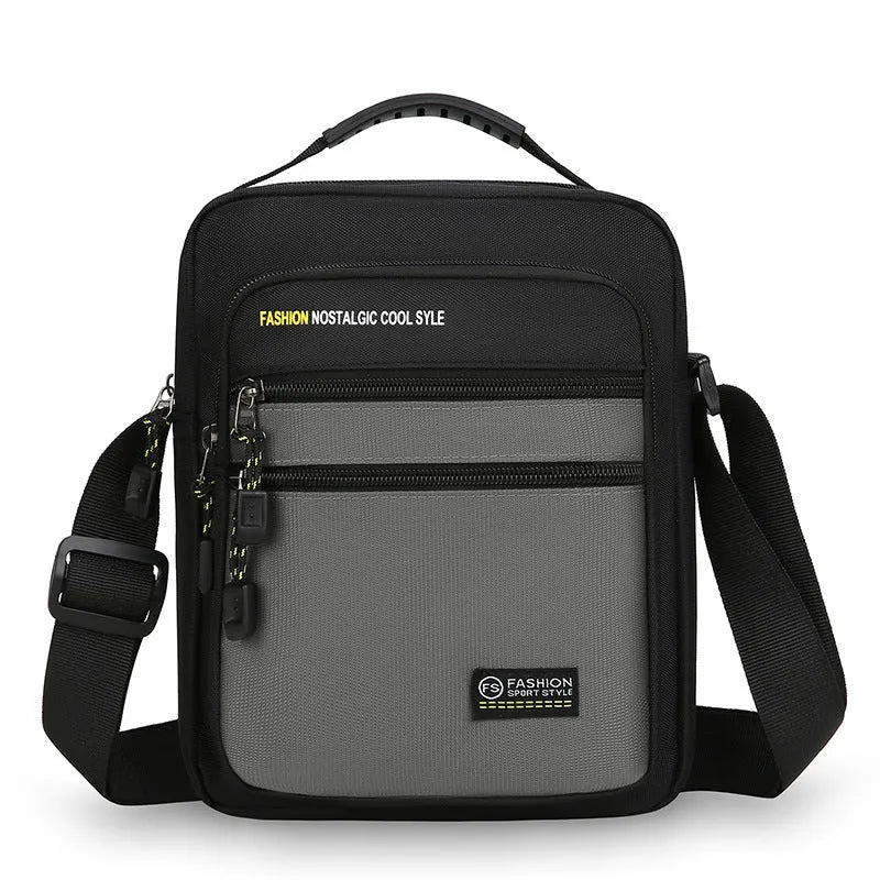 Men's nylon crossbody bag in solid colour with multiple pockets and adjustable shoulder strap
